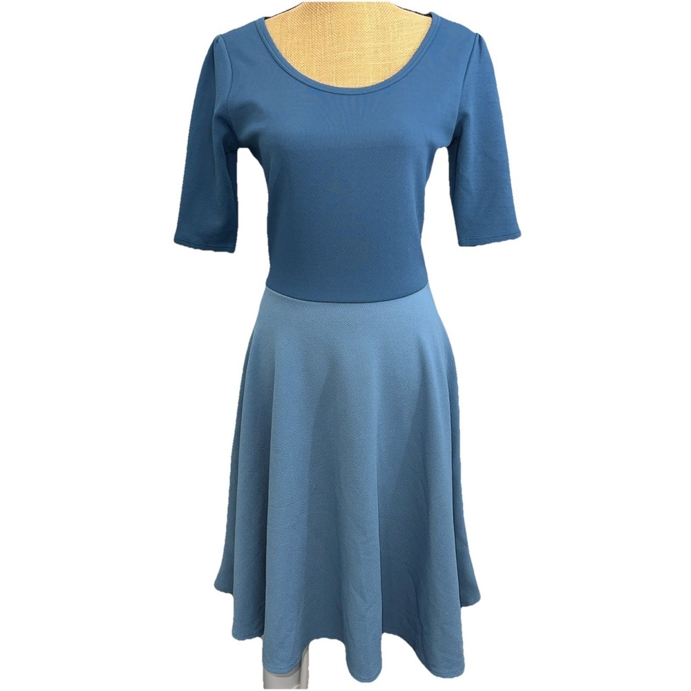 LuLaRoe Nicole Dress L Blue Fit Flare Unicorn Advertising Print Full Skirt